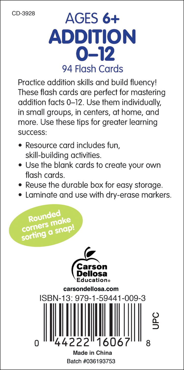Addition 0-12 Flash Cards, Ages 6 - 8