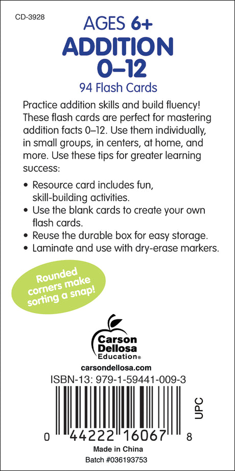 Addition 0-12 Flash Cards, Ages 6 - 8