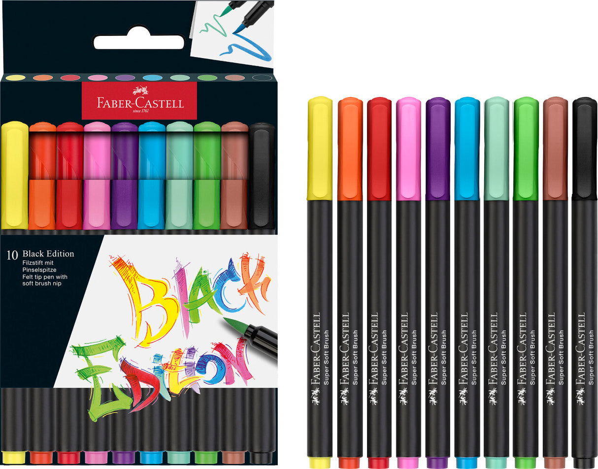 10Ct Felt Tip Brush Pen Black Edition Box