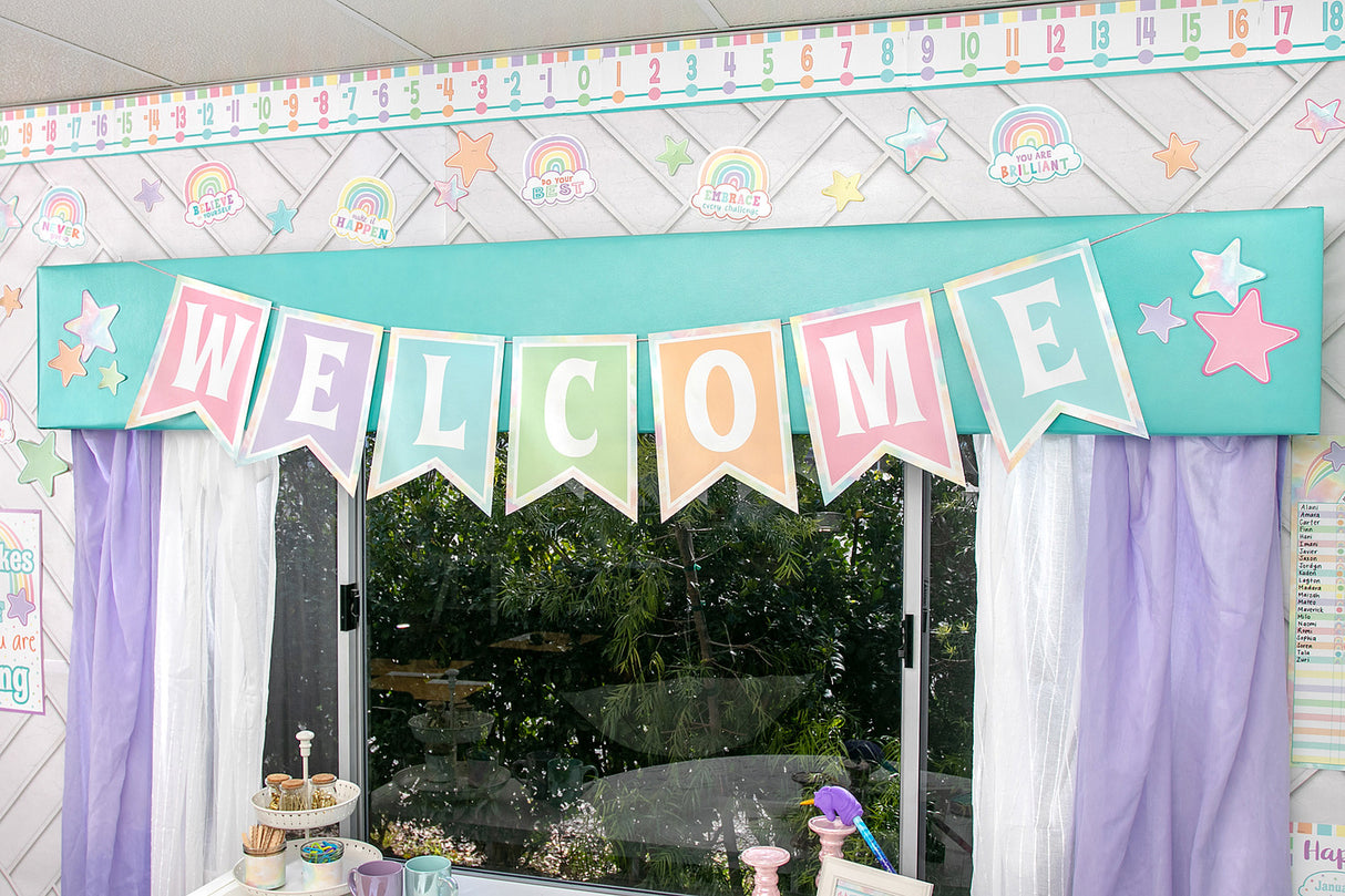 Pastel Pop Pennants Welcome Bulletin Board