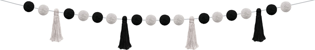 Black and White Pom-Poms and Tassels Garland