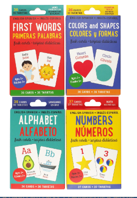 Bilingual Flash Cards -  Alphabet, Colors & Shapes, First Words, and Numbers (English/Spanish) (Set of 4)