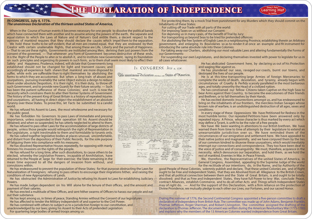 Smart Poly Learning Mat 12"X17", Double-Sided, Us Declaration Of Independence