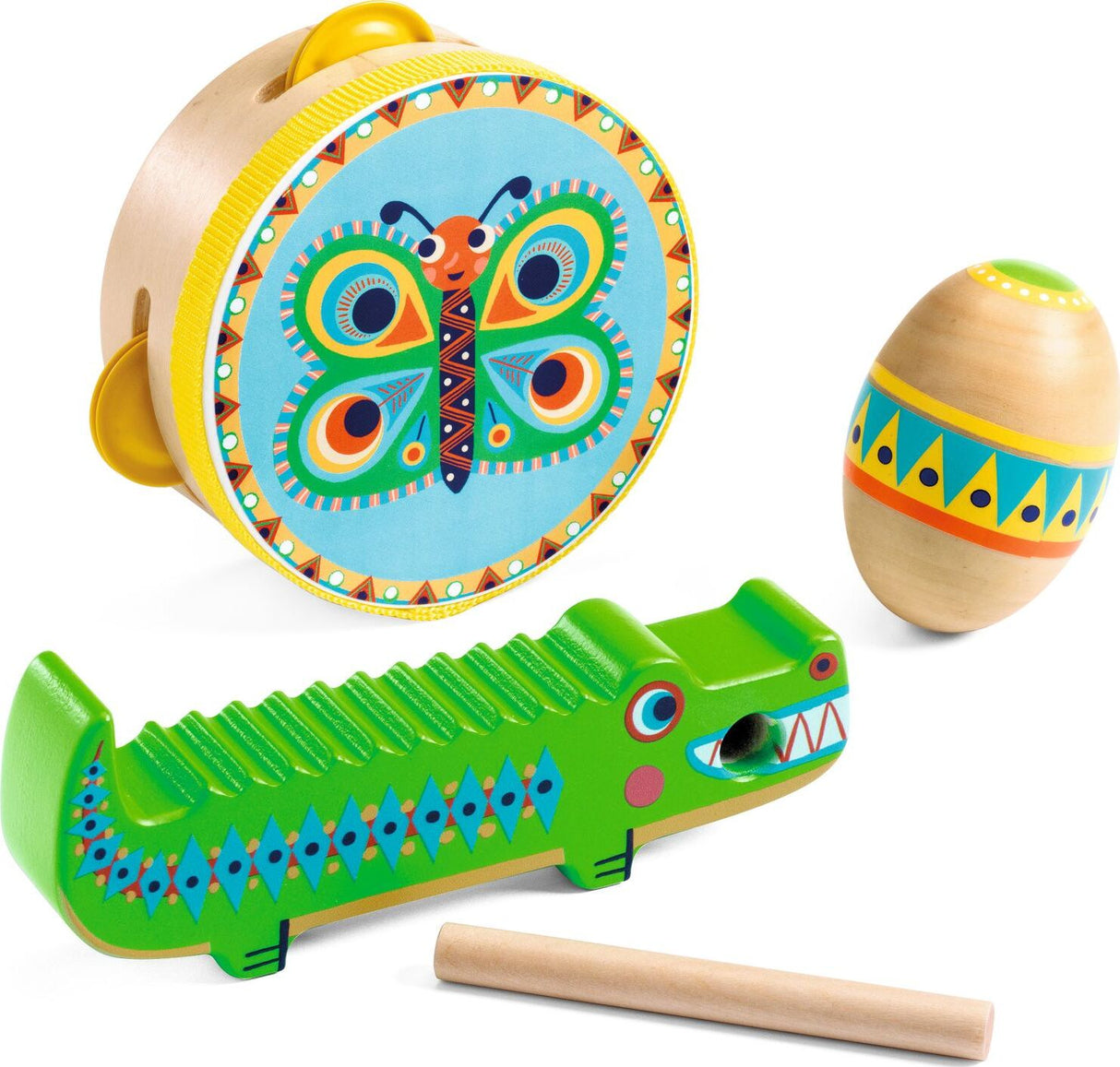 DJECO Animambo Tambourine, Maracas, Guiro Instrument Set