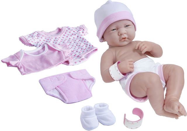 JC Toys 14" All-Vinyl La Newborn, Soft tender face and Realistic Girl Baby Doll, Pink Deluxe Clothing Layette Set