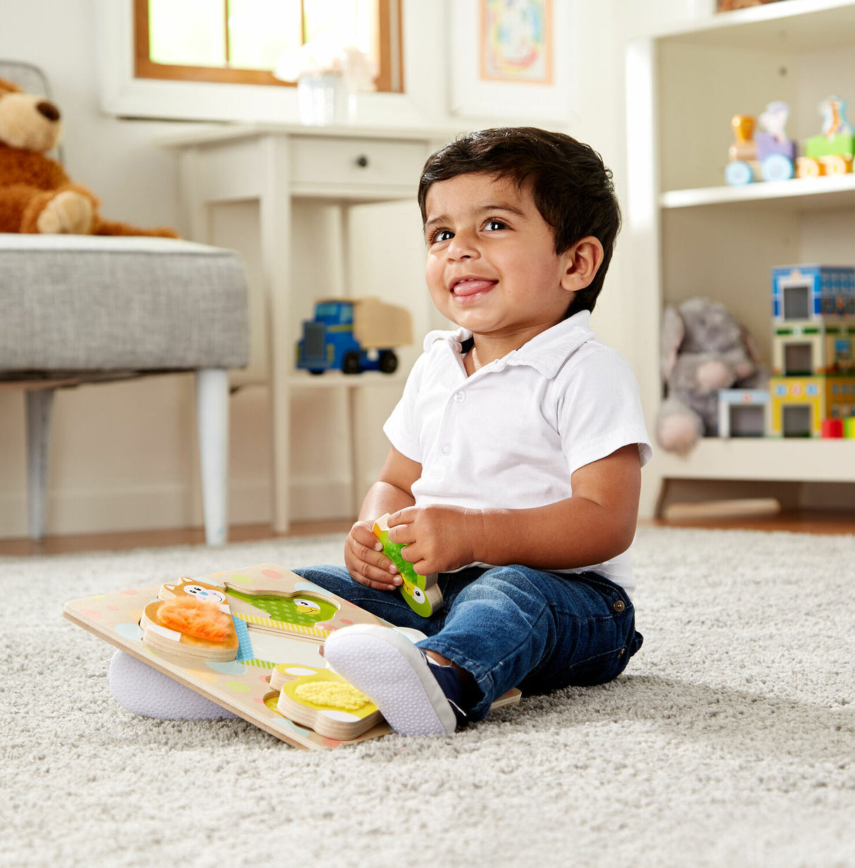 First Play Wooden Touch and Feel Puzzle Peek-a-Boo Pets With Mirror