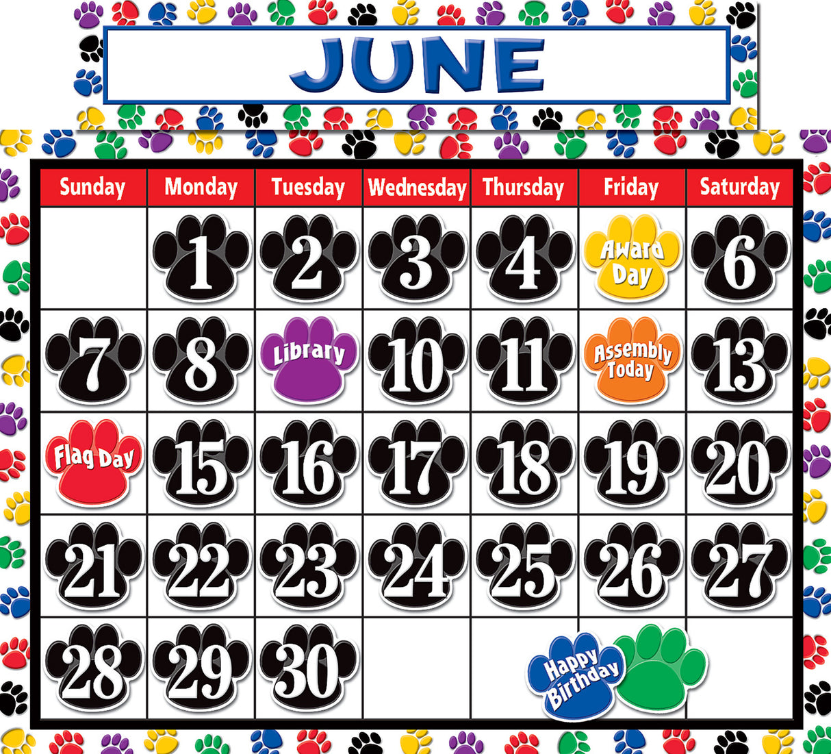 Colorful Paw Prints Calendar Bulletin Board