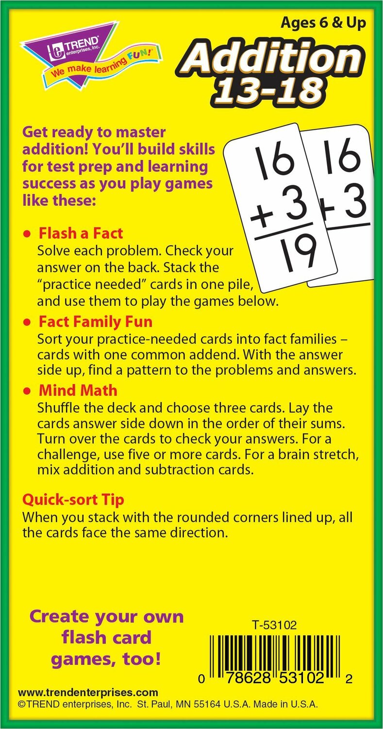 Addition 13-18 Skill Drill Flash Cards