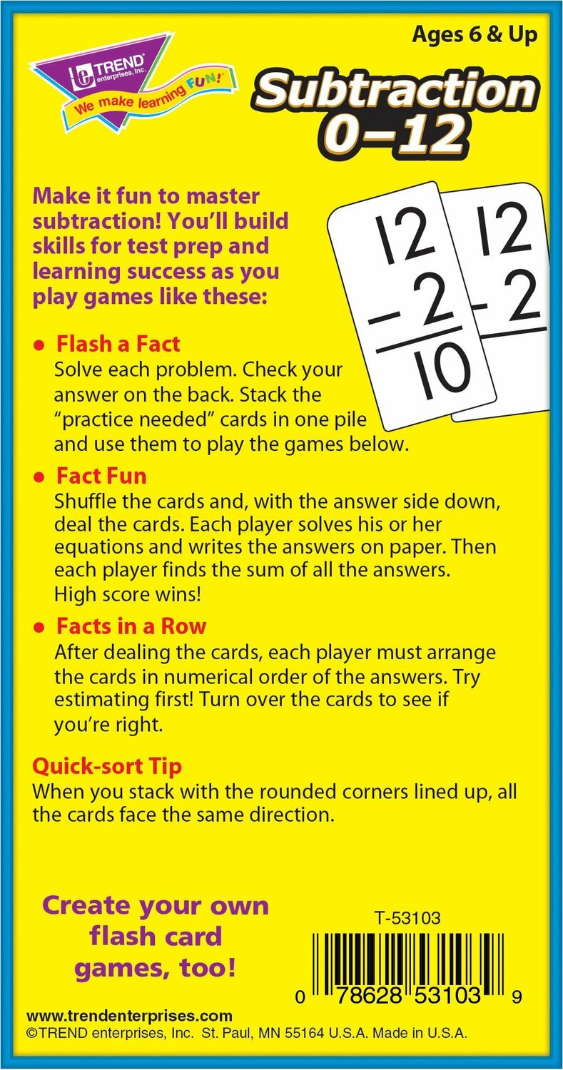 Subtraction 0-12 Skill Drill Flash Cards