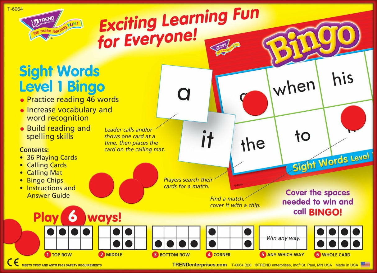 Sight Words Level 1 Bingo Game